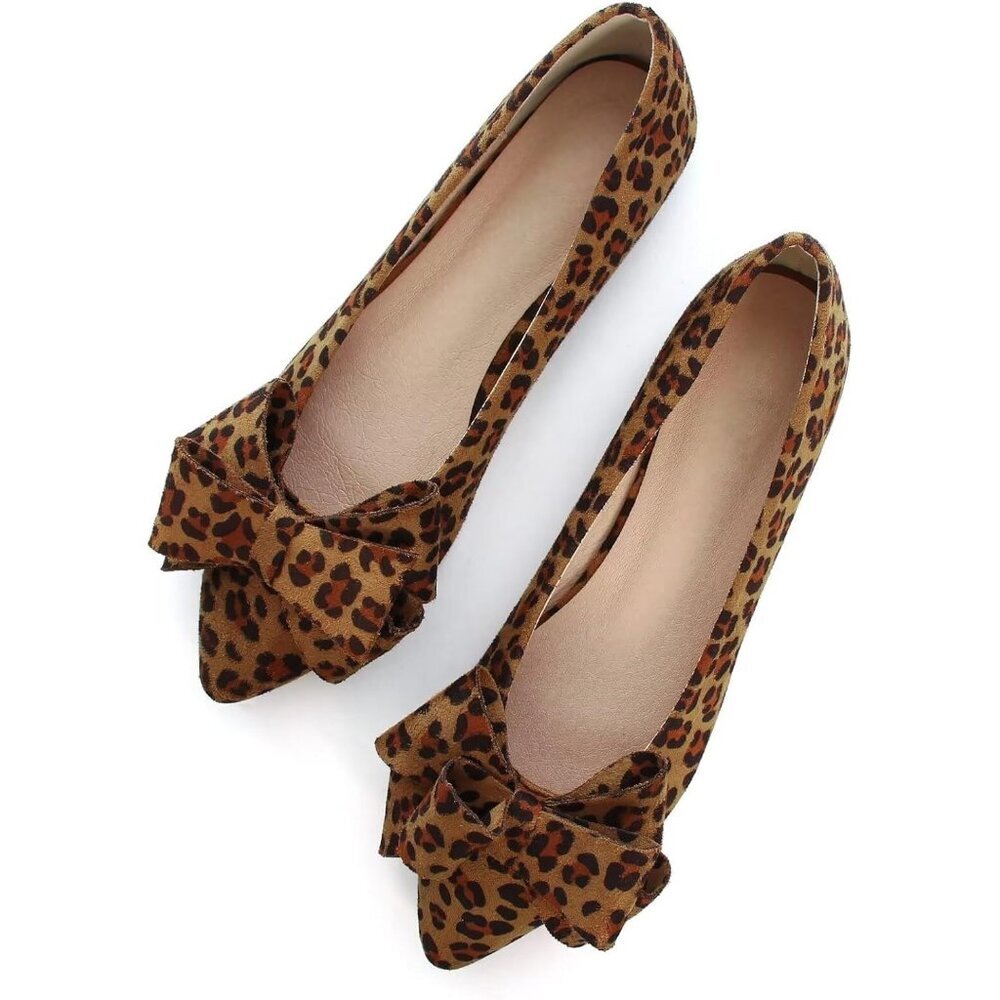 Women's Leopard Bowknot Ballet Flats Pointy Toe Casual Flat Shoes Suede